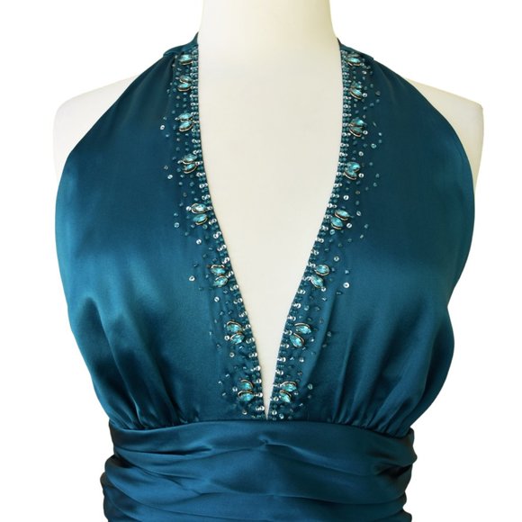 Teal Silk Halter Midi Dress Embellished Backless - Picture 3 of 10